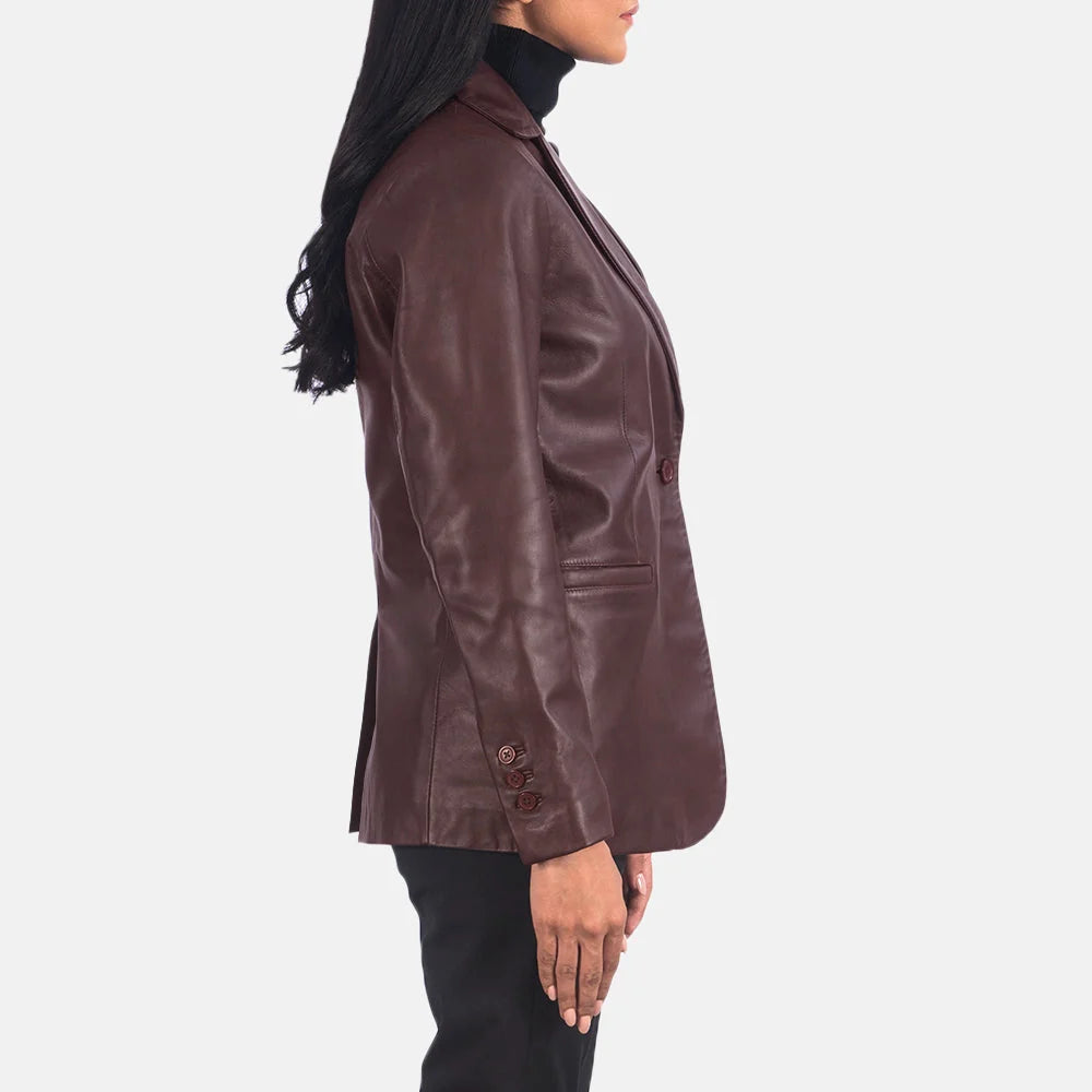 Norma Maroon Leather Blazer for Women | Premium Genuine Leather Blazer