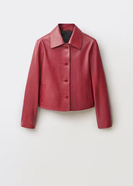 Women’s Red Button-Down Leather Jacket | Stylish Classic Leather Shirt Jacket