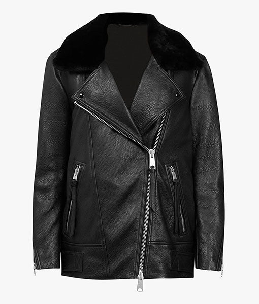 Women’s Shearling Aviator Leather Jacket – Black Fur