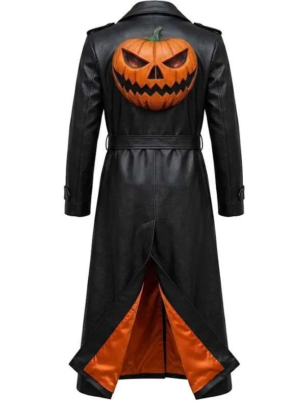 Halloween Pumpkin Jack-O’-Lantern Long Leather Coat | Genuine Leather
