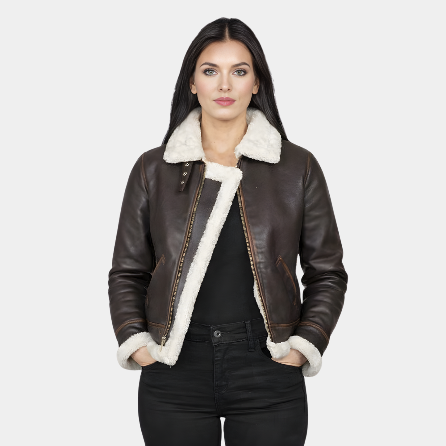 Women’s Brown Shearling Leather Aviator Jacket – White Fur Trim
