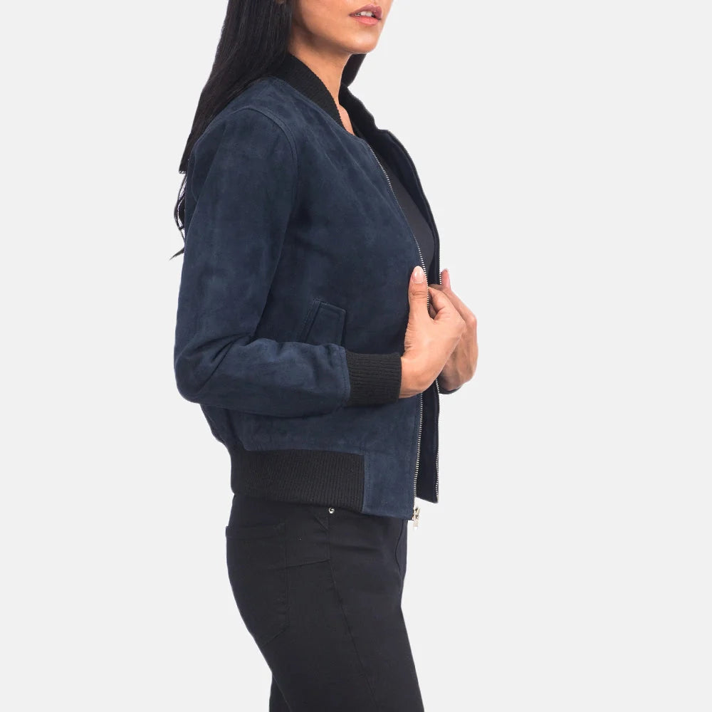 Ava MA-1 Blue Suede Bomber Jacket for Women | Premium Flight Jacket