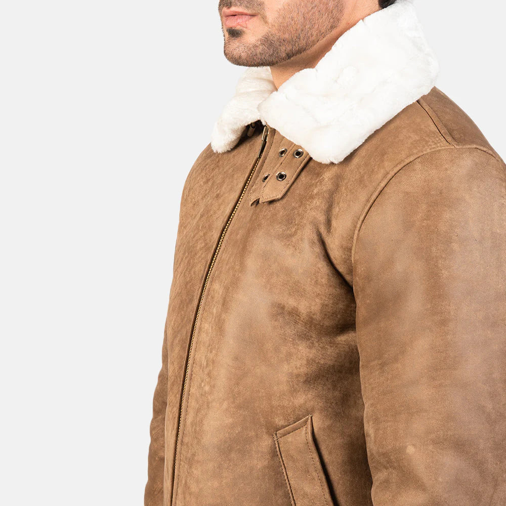 Francis B-3 Distressed Brown Leather Bomber Jacket for Men | Premium Genuine Shearling Aviator Jacket
