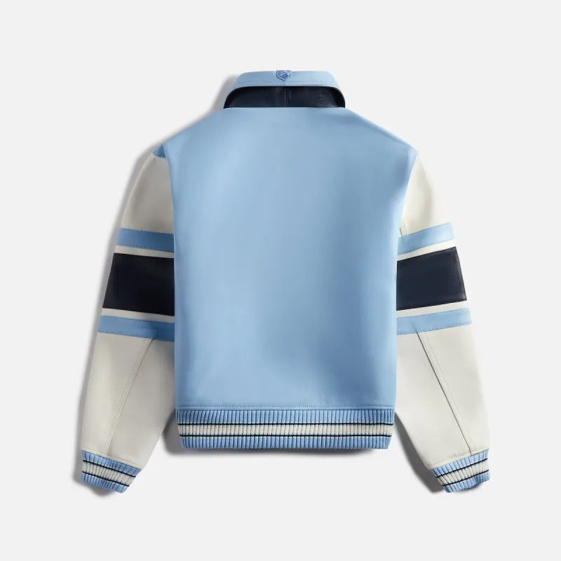 Avirex-Inspired Carolina Blue Leather Varsity Jacket| Premium Genuine Leather Bomber Jacket