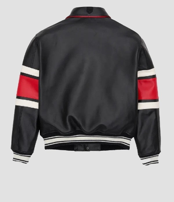 Avirex-Inspired Black Leather Varsity Jacket| Premium Genuine Leather Bomber Jacket