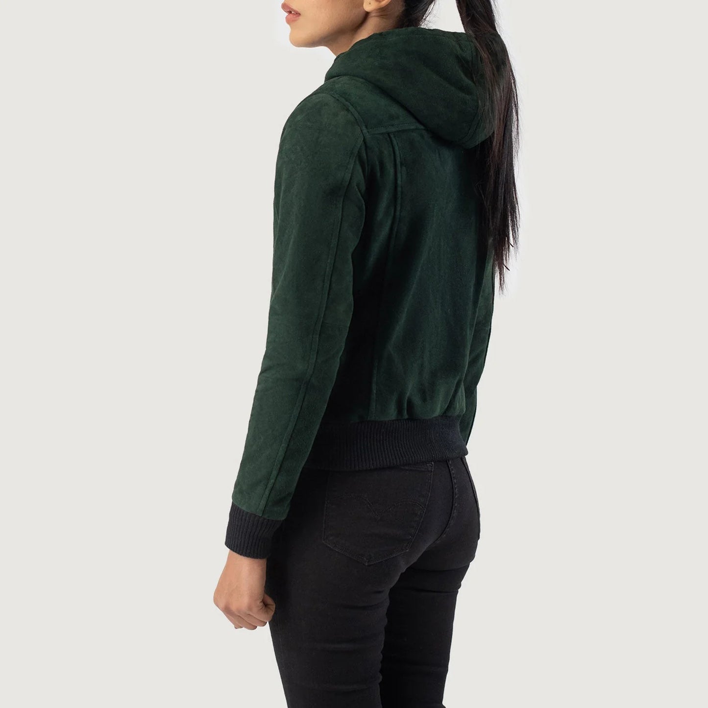 Rebella Green Hooded Suede Bomber Jacket for Women | Premium Casual Hooded Jacket