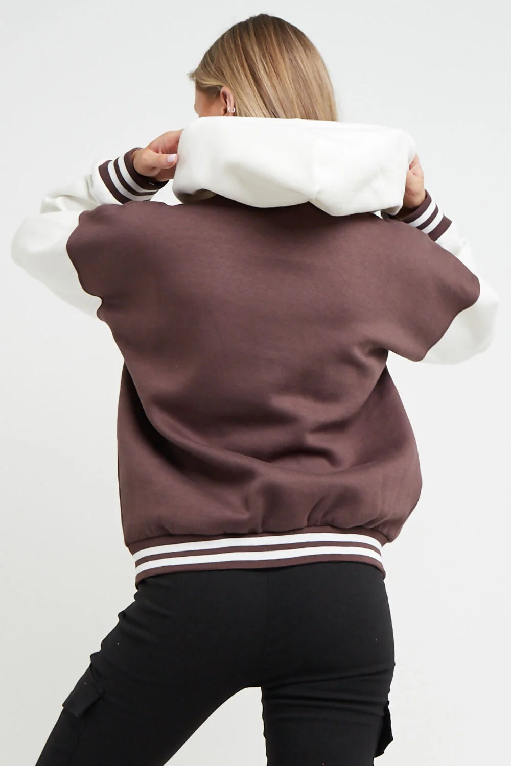 Chocolate Contrast Sleeve Hooded Varsity Jacket | Premium Wool & Faux Leather Letterman Jacket