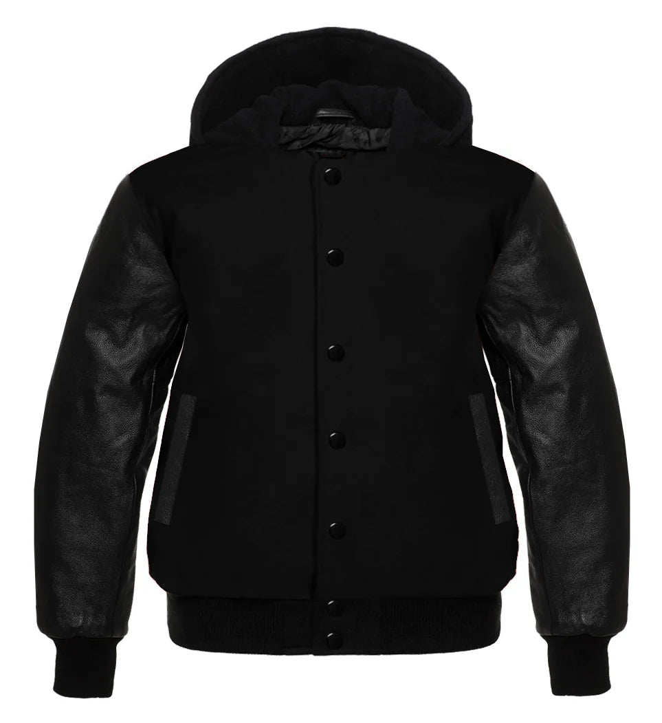 Black Hooded Varsity Letterman Baseball Jacket with Black Genuine Leather Sleeves for Men | Premium Wool Blend (Copy)