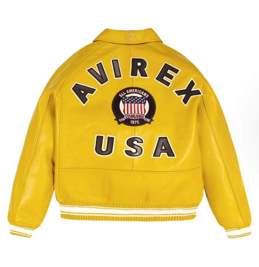 Avirex-Inspired Yellow Leather Varsity Jacket for Men | Premium Genuine Leather Bomber Jacket