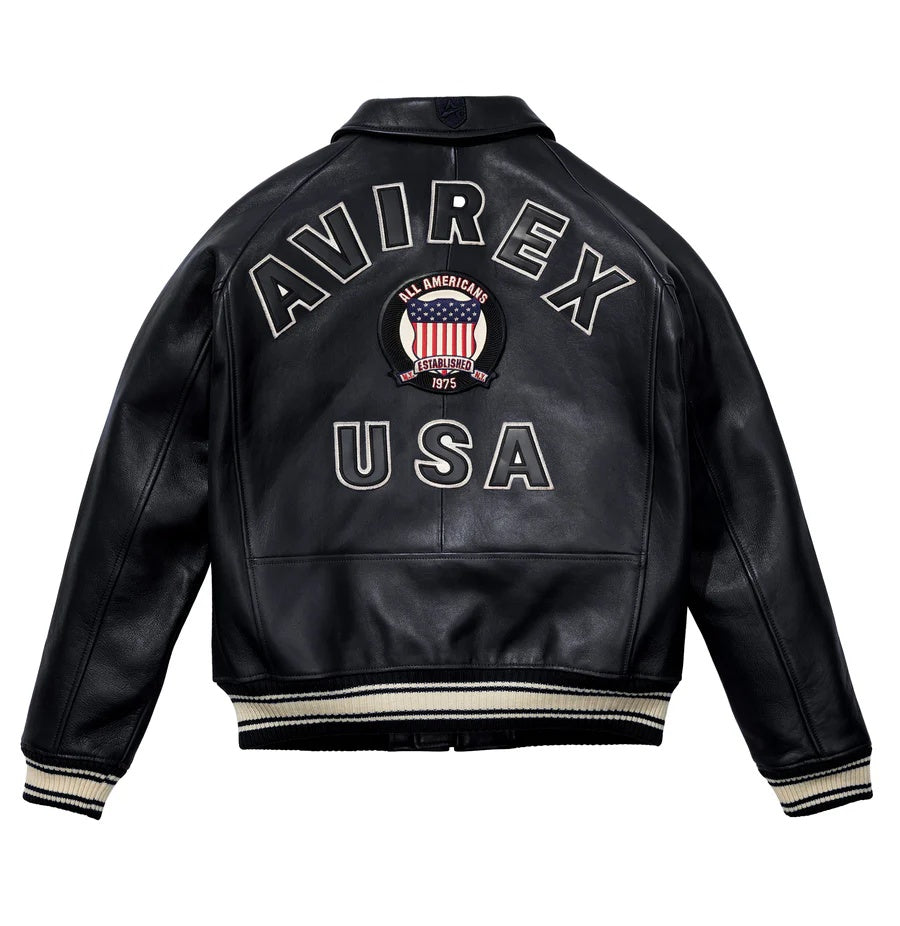Avirex-Inspired Black Leather Varsity Jacket | Premium Genuine Leather Bomber Jacket