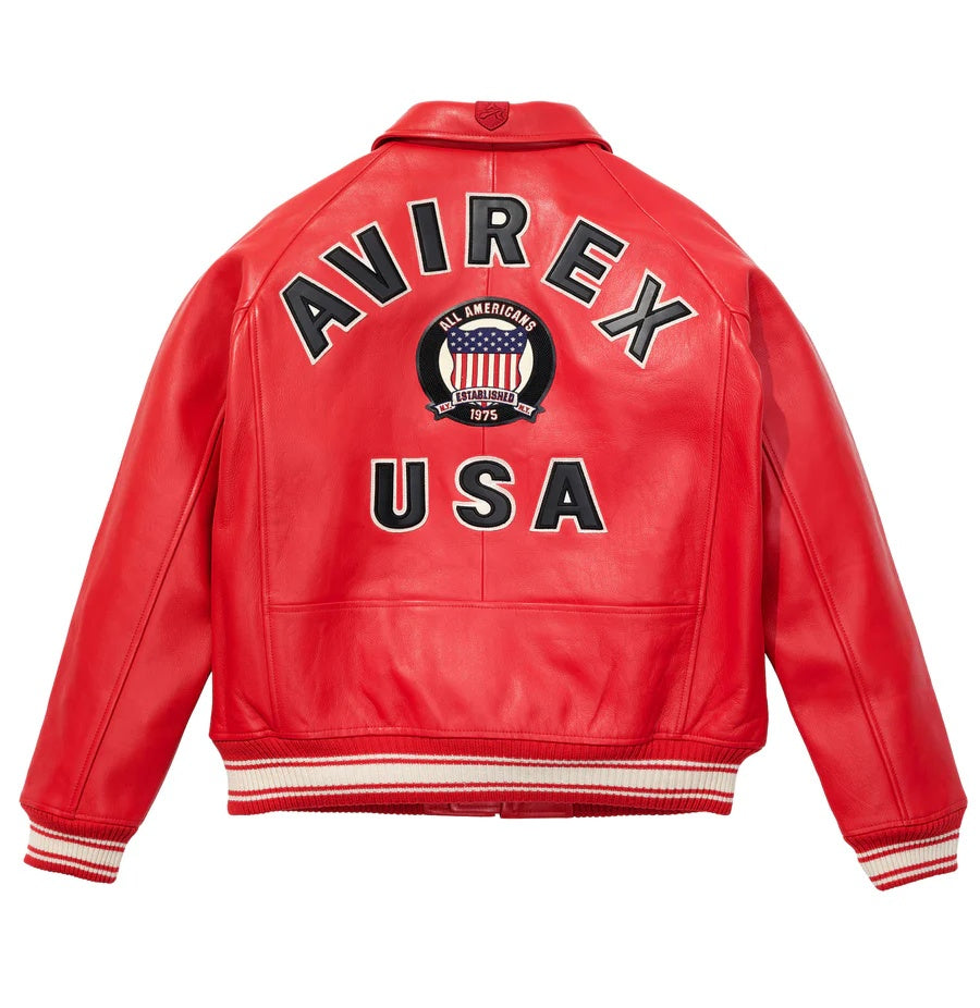 Avirex-Inspired Red Leather Varsity Jacket for Men | Premium Genuine Leather Bomber Jacket