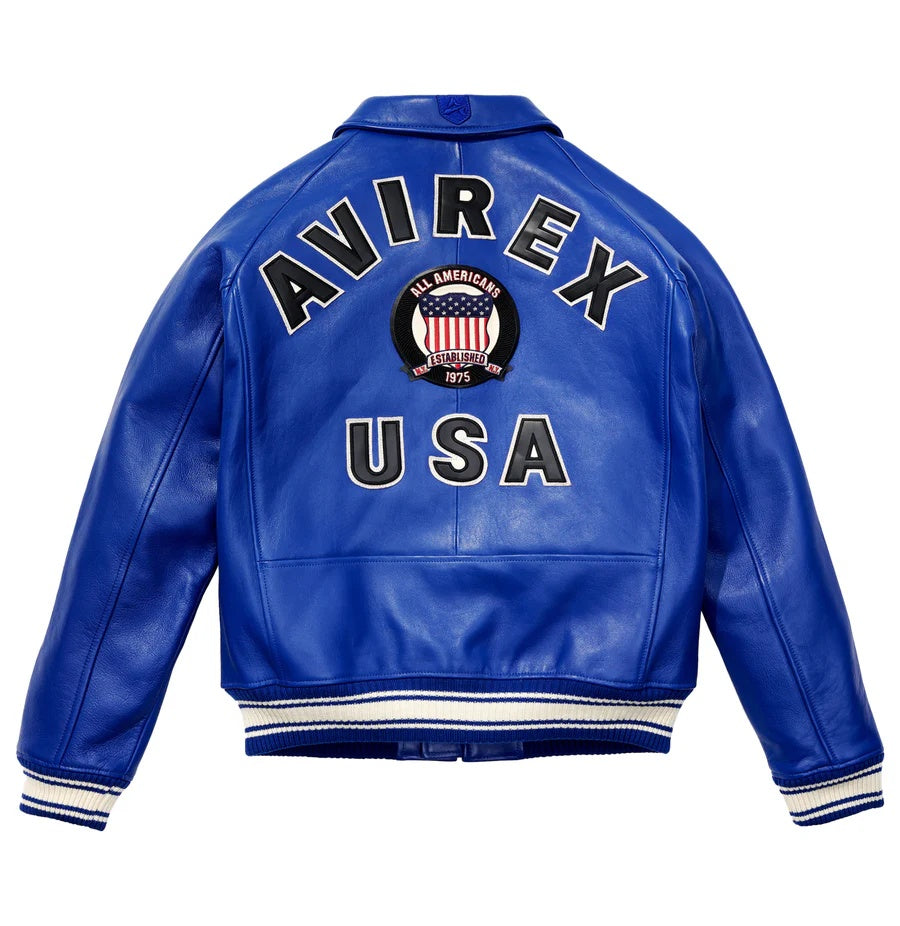 Avirex-Inspired Blue Leather Varsity Jacket | Premium Genuine Leather Bomber Jacket