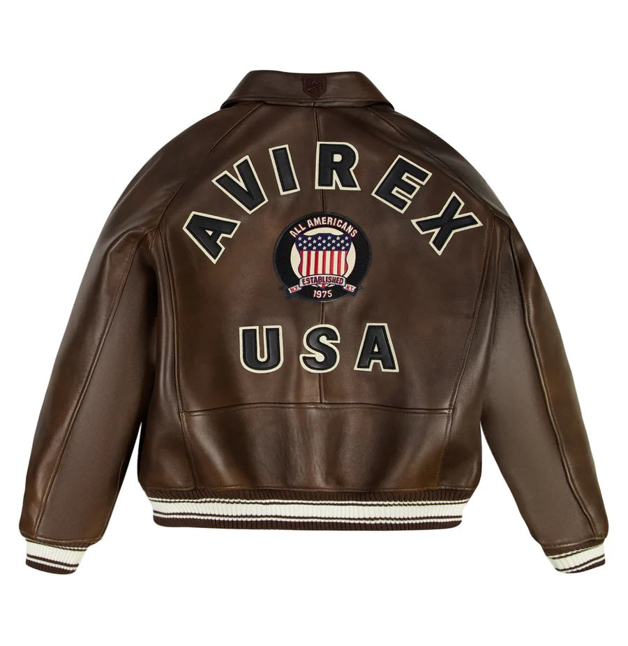 Avirex-Inspired Brown Leather Varsity Jacket| Premium Genuine Leather Bomber Jacket