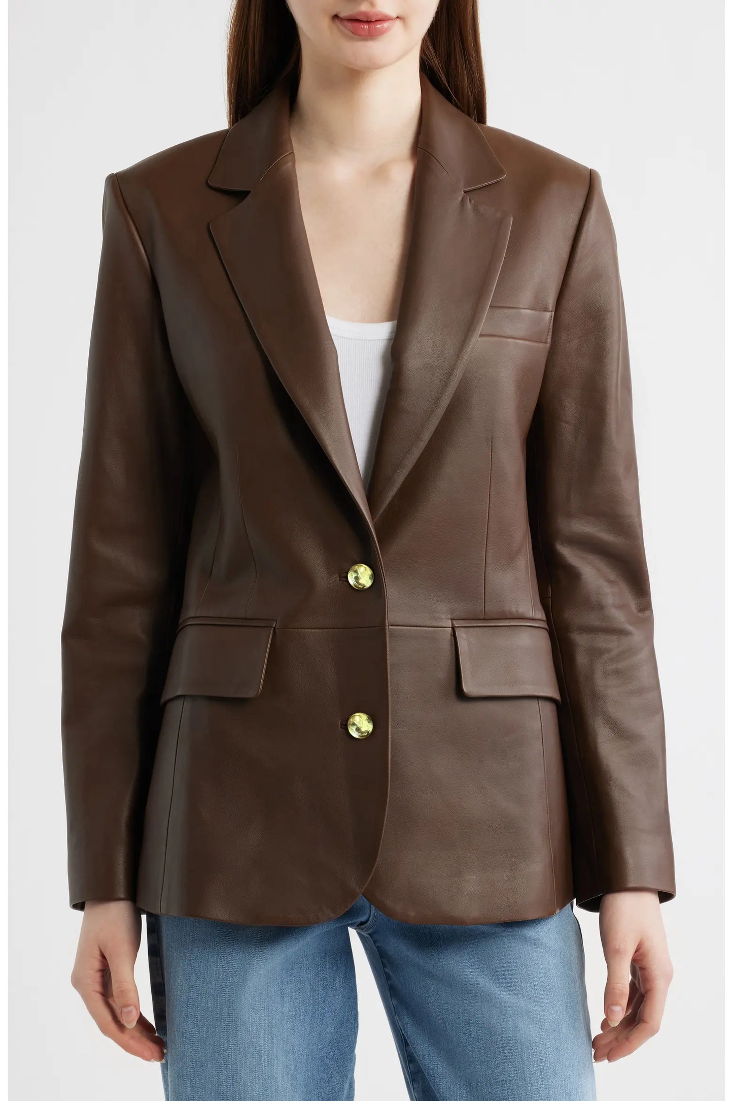 Women's Brown Real Leather Blazer | Premium Genuine Leather Tailored Jacket