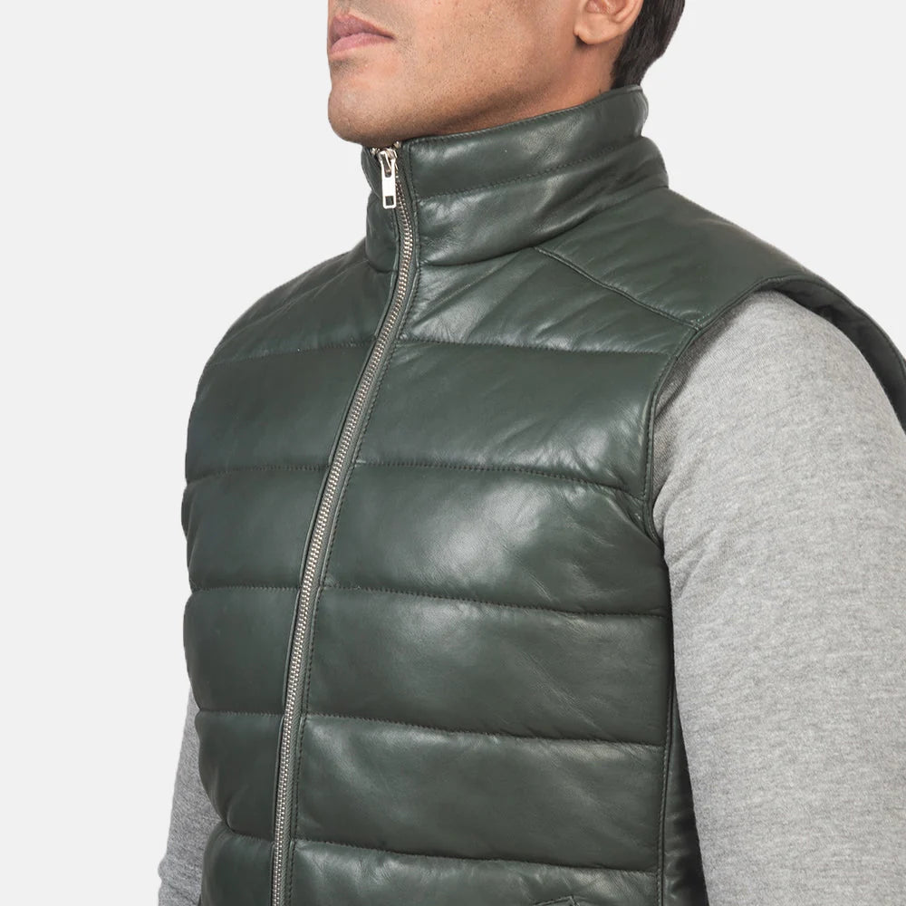 Reeves Green Leather Puffer Vest for Men | Premium Genuine Leather Quilted Vest