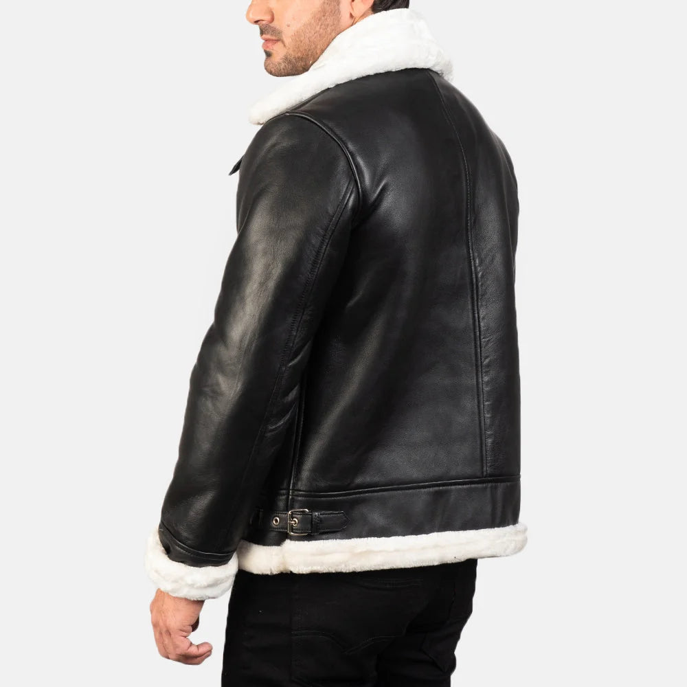 Francis B-3 Black & White Leather Bomber Jacket for Men | Premium Shearling Aviator Jacket