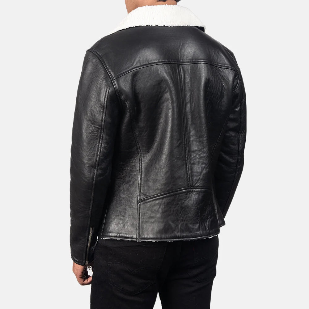 Alberto White Shearling Black Leather Jacket for Men | Premium Genuine Leather Aviator Jacket