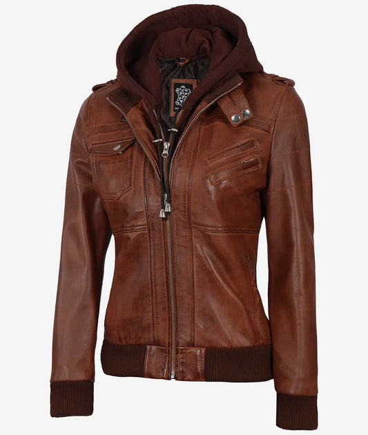 Women's Cognac Brown Leather Jacket with Removable Hood | Premium Genuine Leather Outerwear