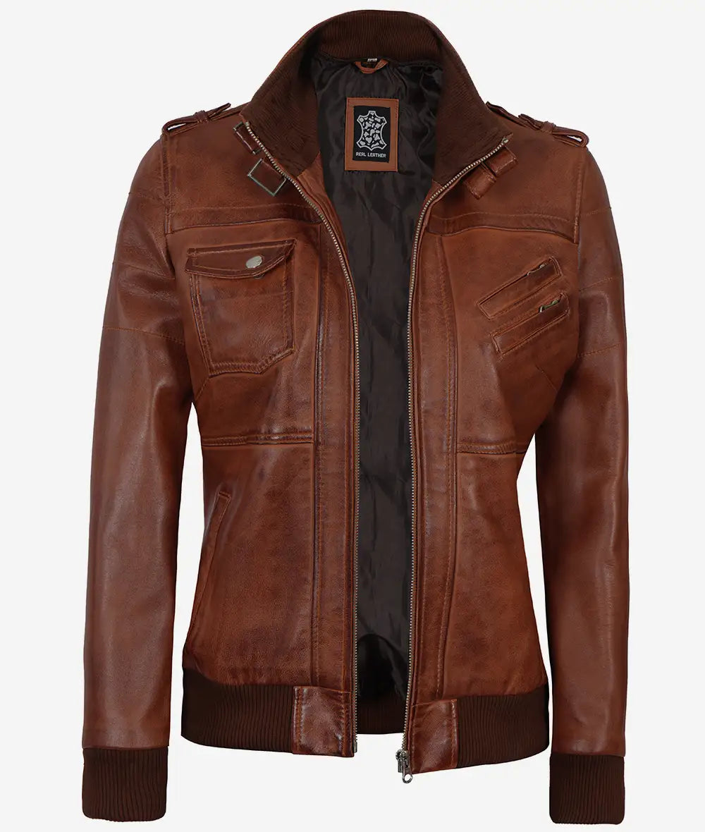 Women's Cognac Brown Leather Jacket with Removable Hood | Premium Genuine Leather Outerwear