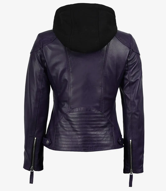 Women's Purple Real Leather Jacket With Removable Hood