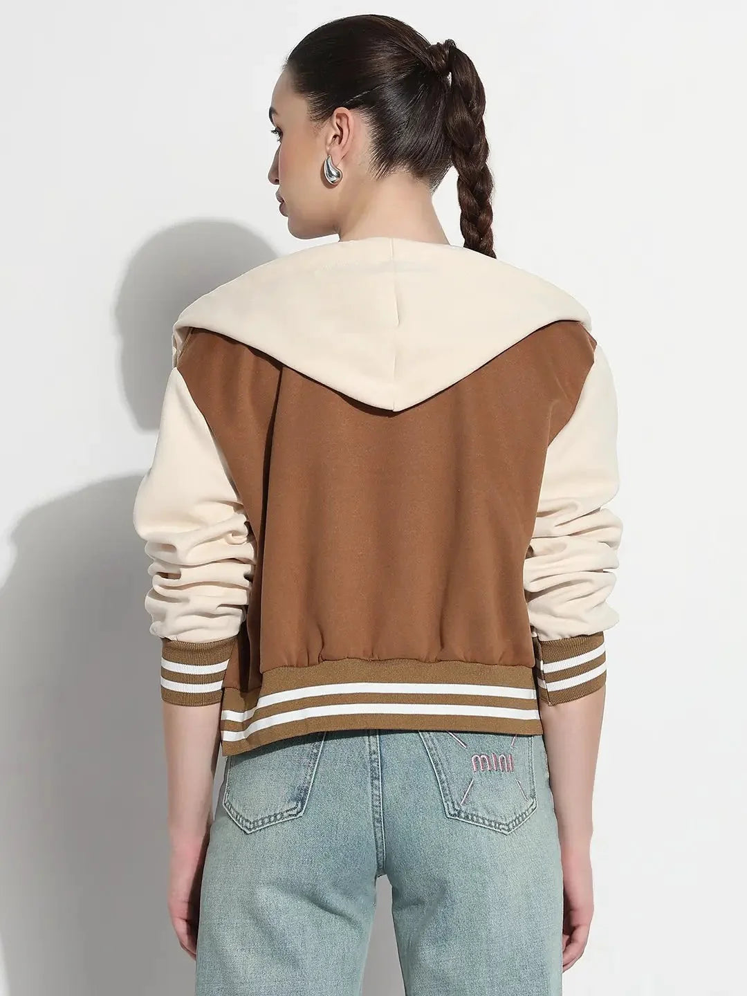 Light Brown Hooded Contrast Sleeve Varsity Jacket for Women | Premium Letterman Jacket