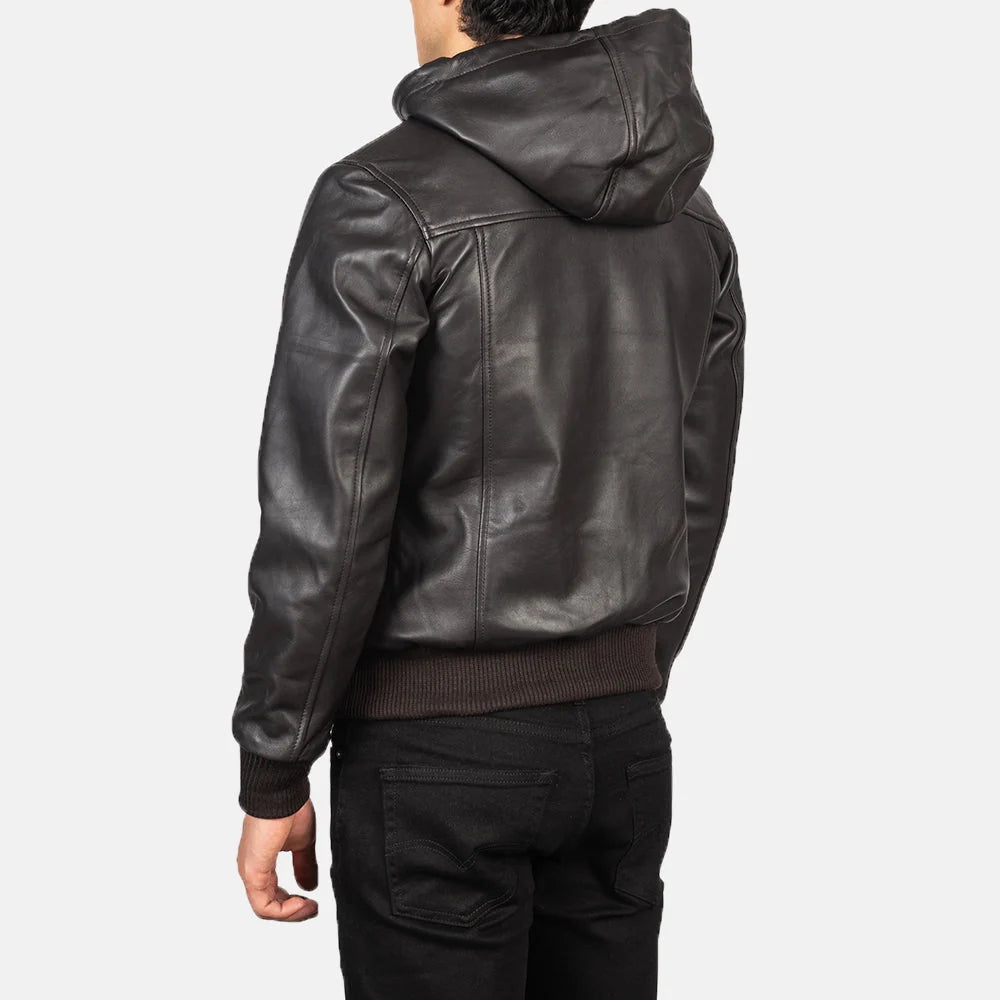 Nintenzo Brown Hooded Leather Bomber Jacket for Men | Premium Genuine Leather Jacket