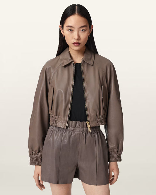 Women's Cropped Genuine Leather Bomber Jacket | Classic Casual Leather Jacket