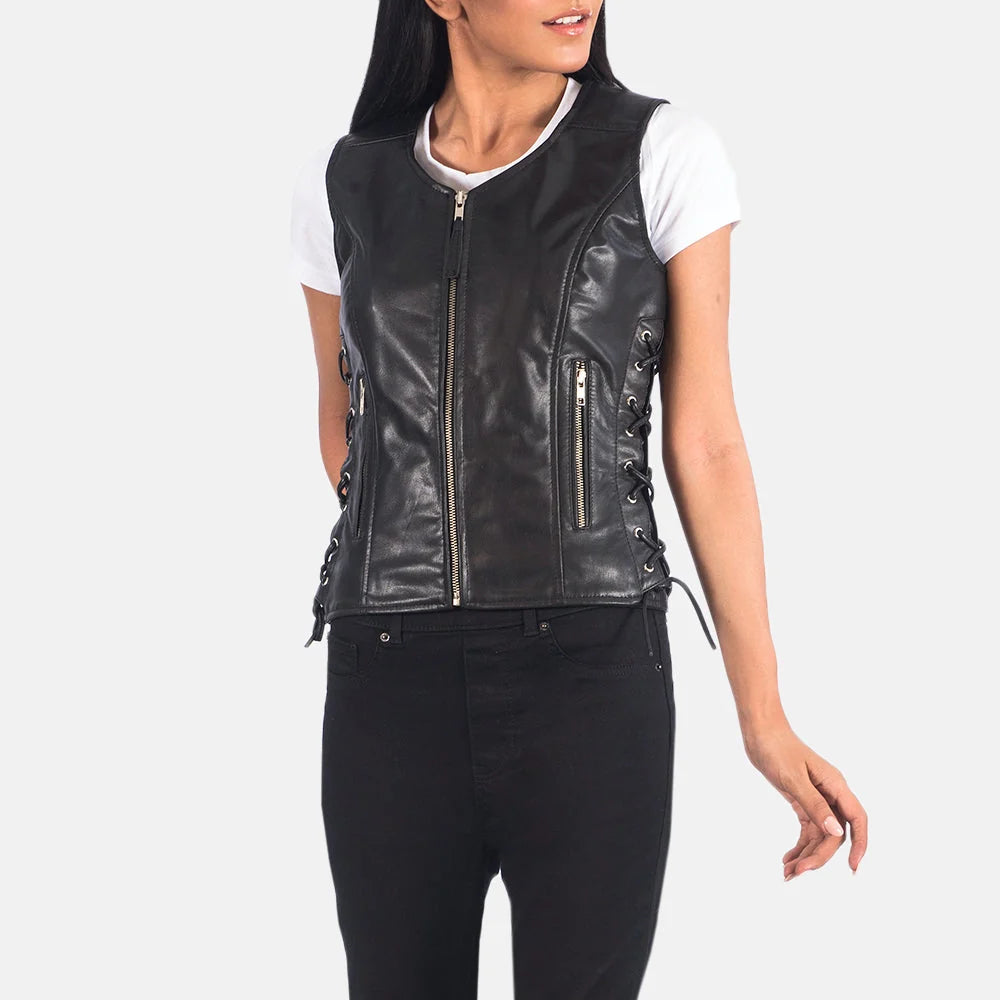 Vanda Black Leather Biker Vest for Women | Premium Genuine Leather Moto Vest