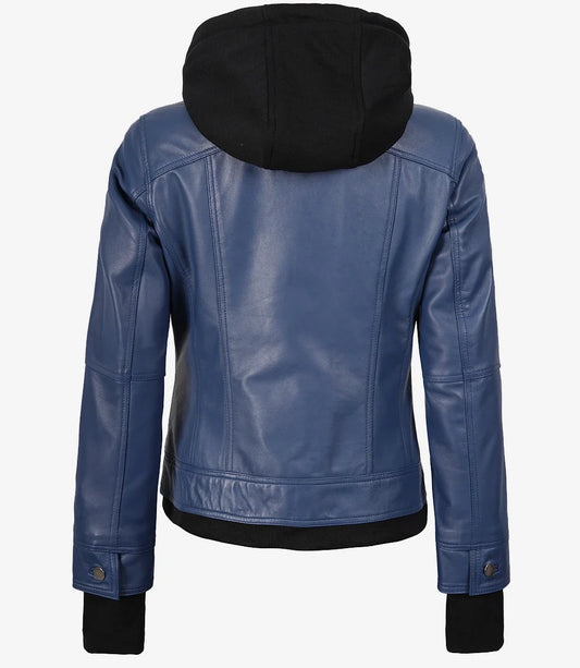 Women's Blue Lambskin Bomber Jacket with Removable Hood | Premium Leather Jacket