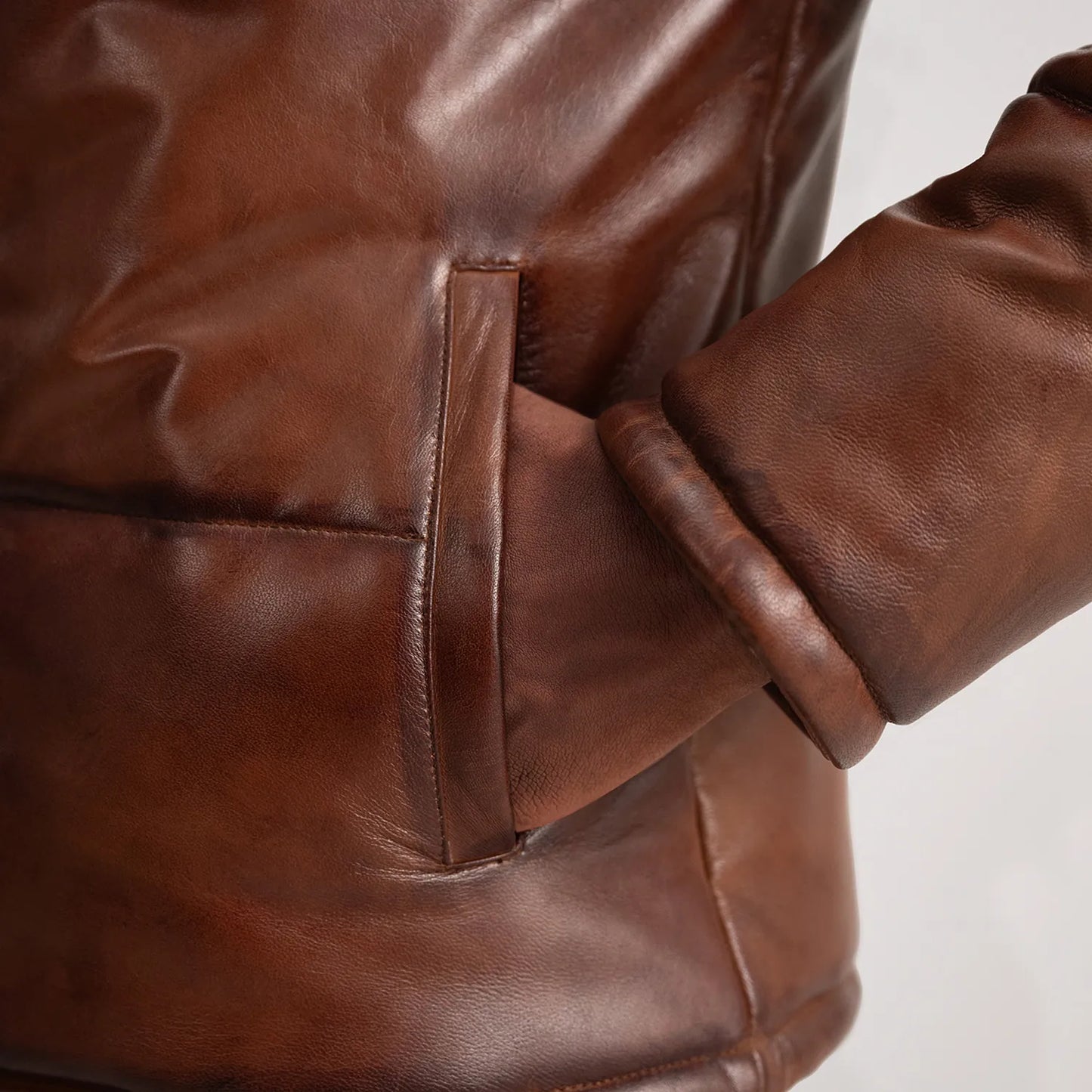 Gordon Waxed Brown Hooded Leather Puffer Jacket for Men | Premium Genuine Leather Winter Jacket