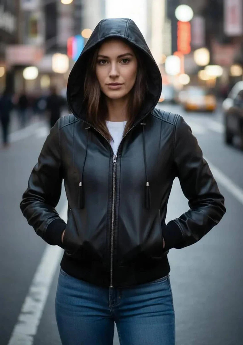 Women Hooded Leather Jacket