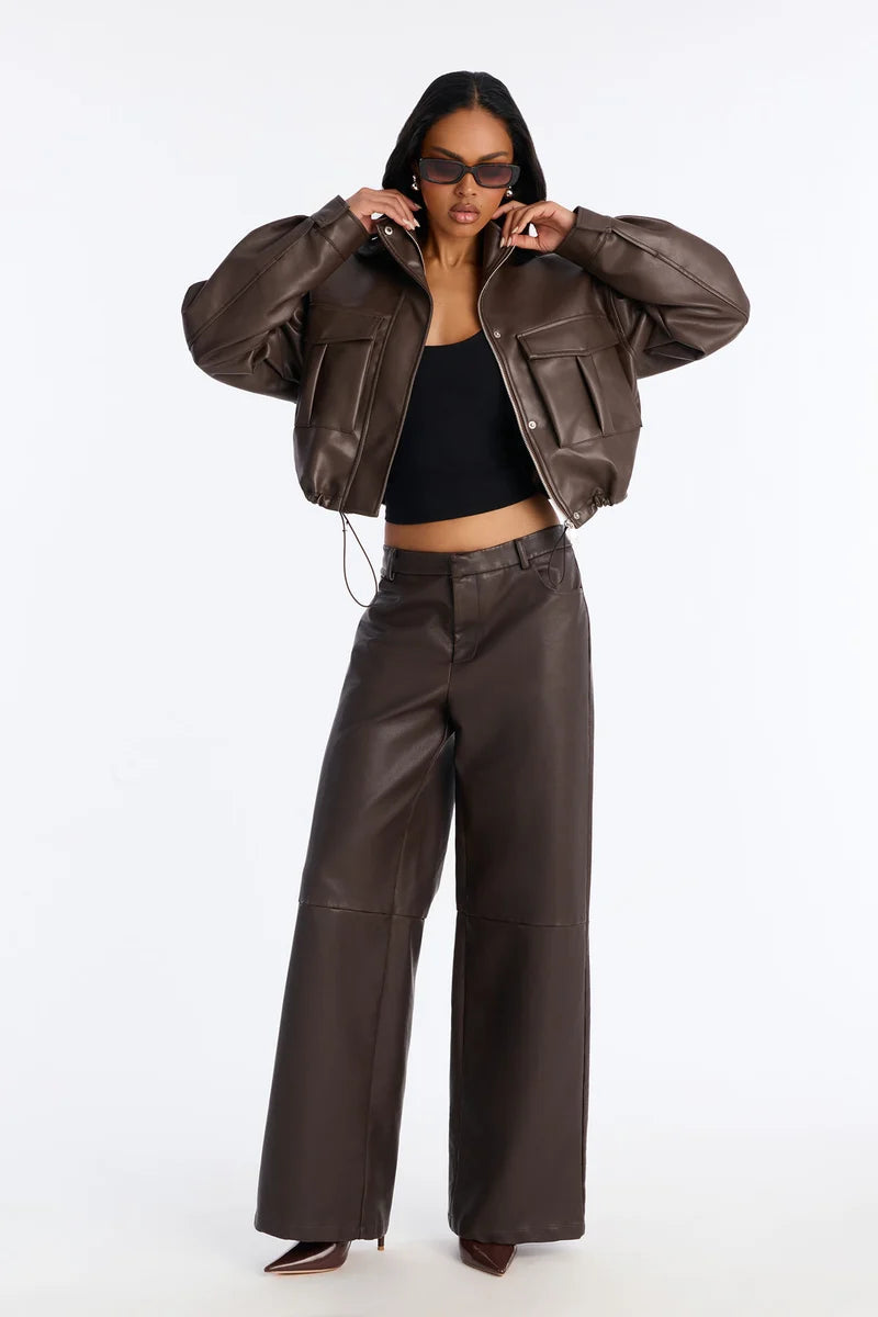 Chocolate Brown Cropped Leather Jacket | Women’s Oversized Utility Style