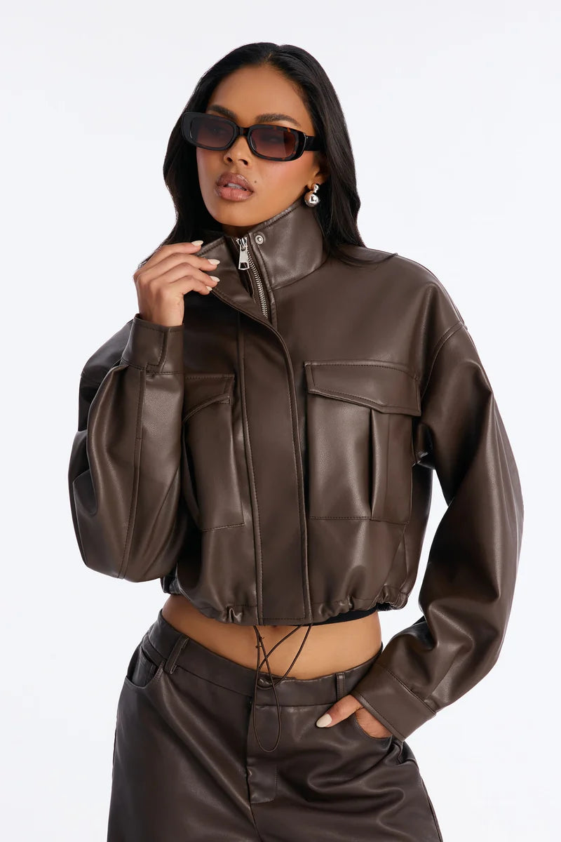 Chocolate Brown Cropped Leather Jacket | Women’s Oversized Utility Style