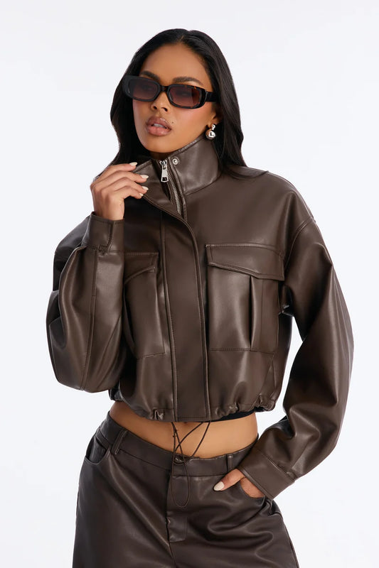 Chocolate Brown Cropped Leather Jacket | Women’s Oversized Utility Style