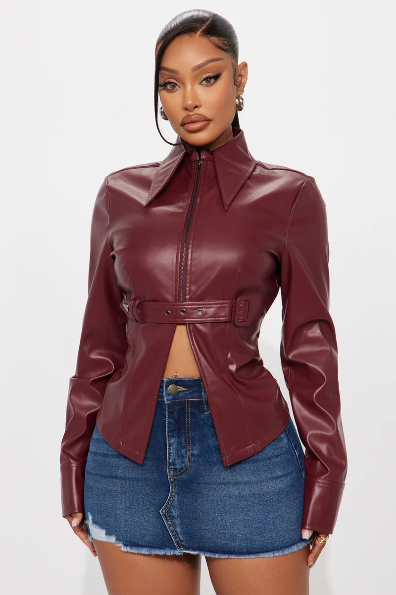 Women’s Burgundy Real Leather Belted Jacket
