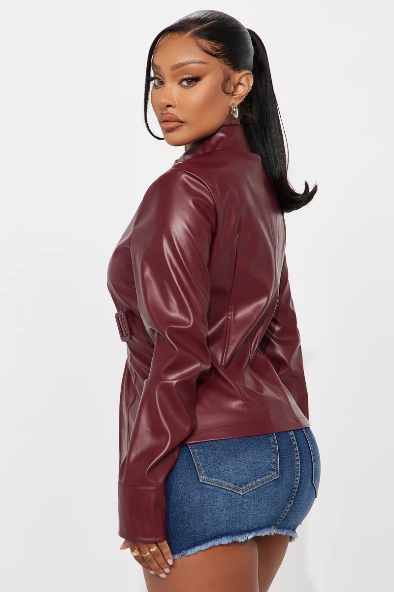 Women’s Burgundy Real Leather Belted Jacket