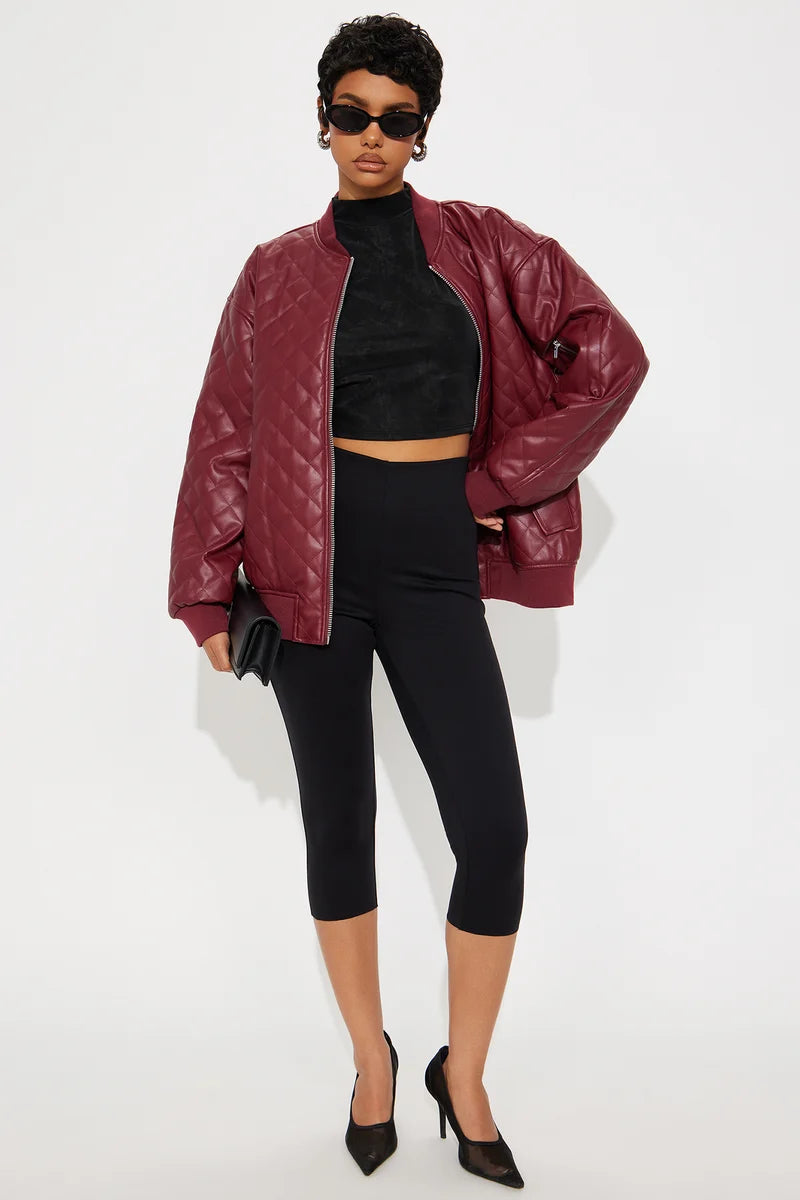 Women’s Burgundy Quilted Real Leather Bomber Jacket