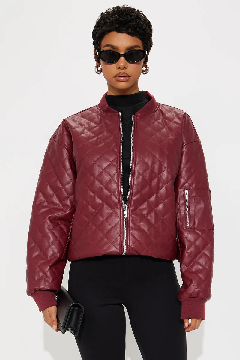 Women’s Burgundy Quilted Real Leather Bomber Jacket