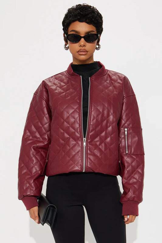 Women’s Burgundy Quilted Real Leather Bomber Jacket