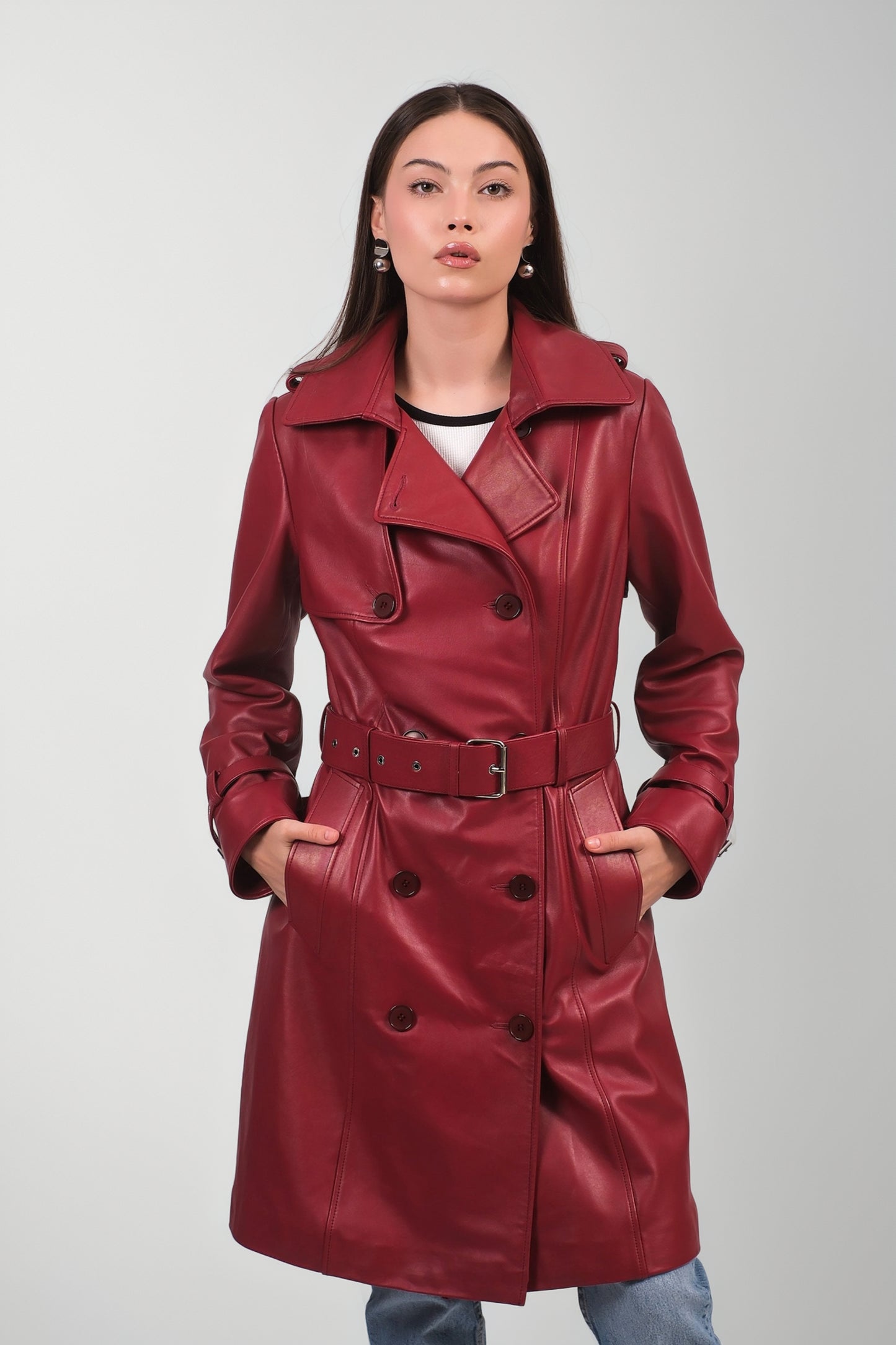 Women’s Red Leather Trench Coat – Bold & Sophisticated Style