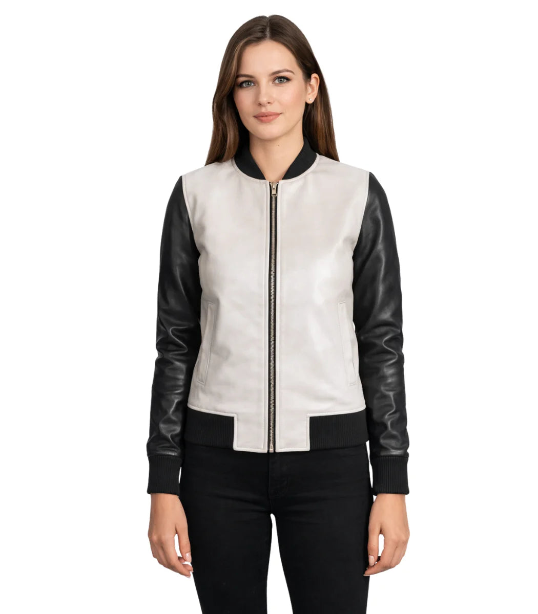 Women’s Black & White Leather Aviator Jacket – Stylish Flight Jacket