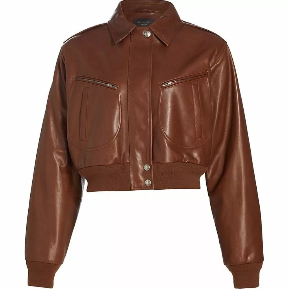 Women's Cropped Brown Leather Bomber Jacket | Premium Genuine Leather Outerwear