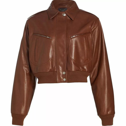 Women's Cropped Brown Leather Bomber Jacket | Premium Genuine Leather Outerwear