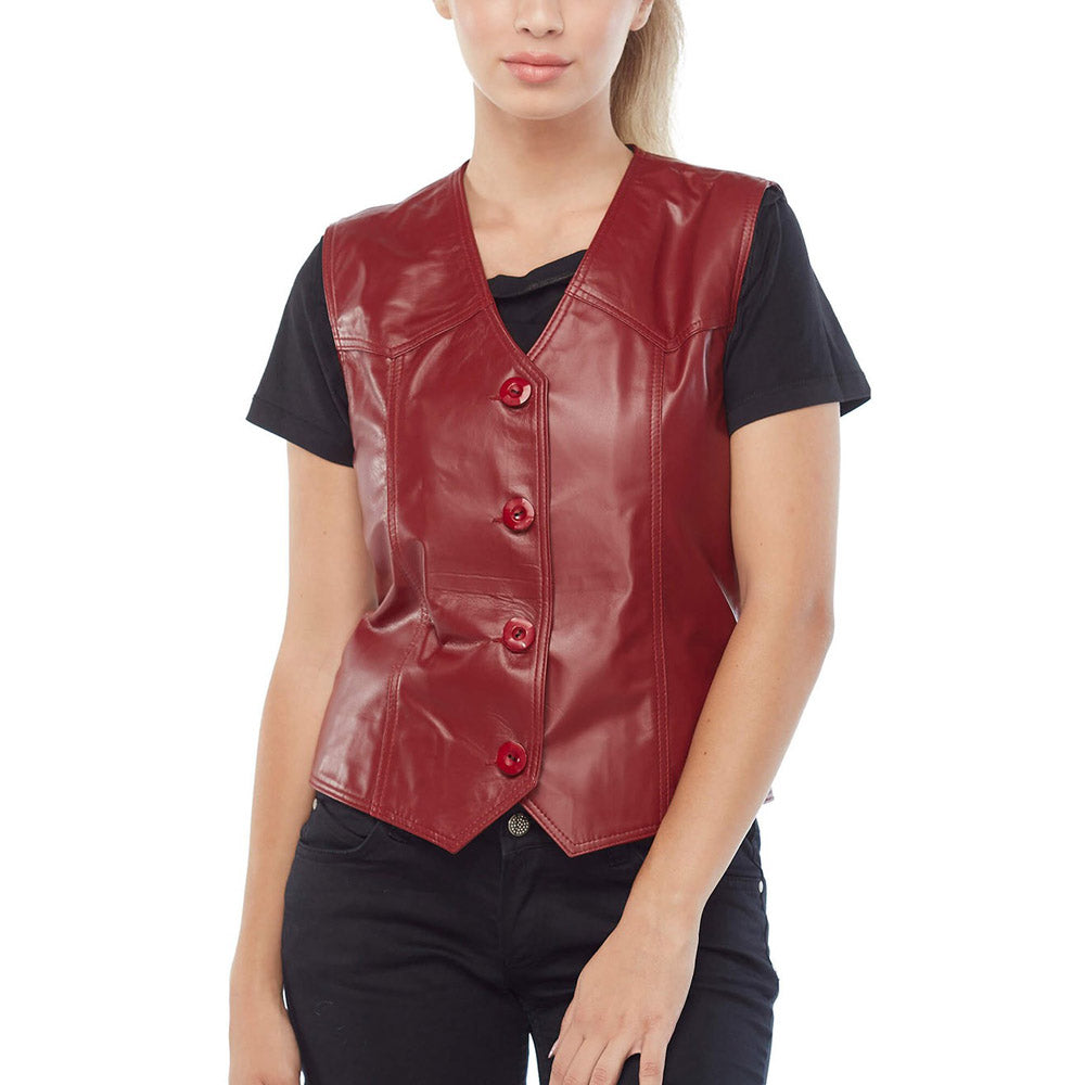 Vanda Red Leather Biker Vest | Women's Motorcycle Moto Leather Vest