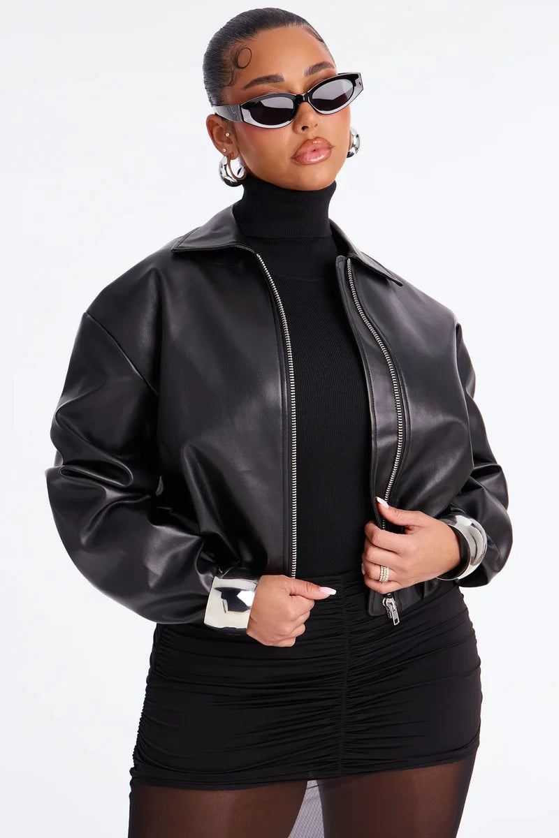 Women’s Black Real Leather Zip-Up Jacket