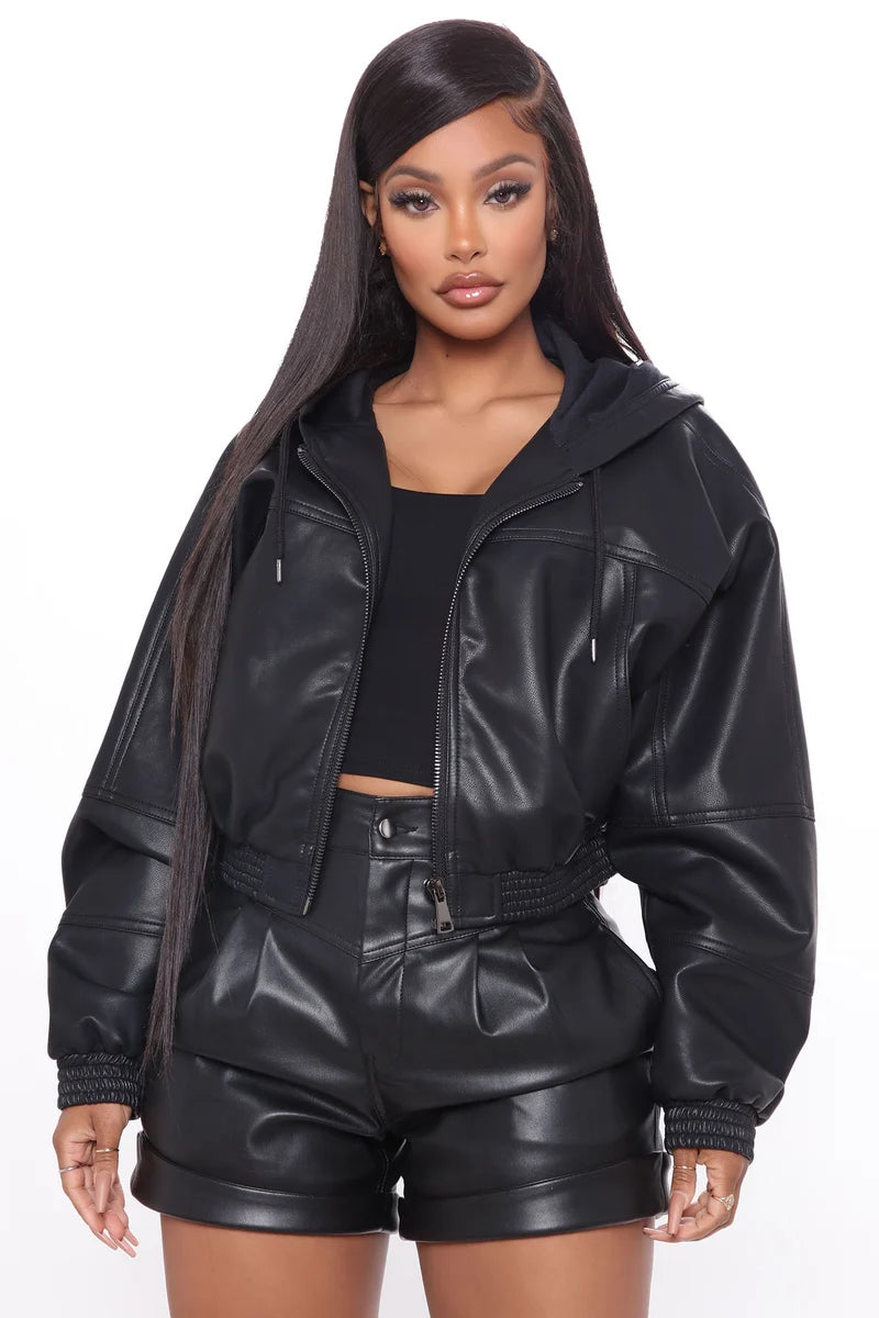 Women’s Black Real Leather Hooded Bomber Jacket