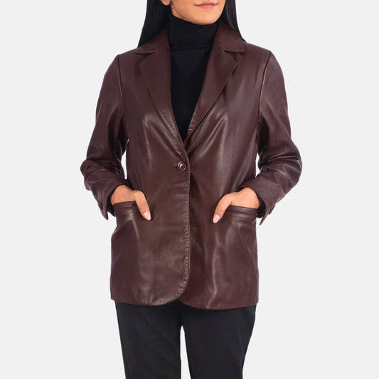 Norma Maroon Leather Blazer for Women | Premium Genuine Leather Blazer