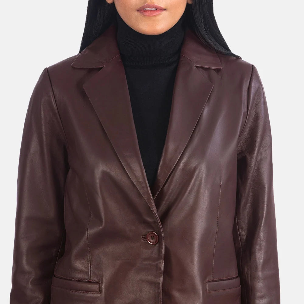 Norma Maroon Leather Blazer for Women | Premium Genuine Leather Blazer