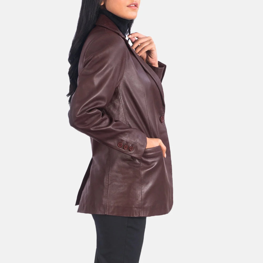 Norma Maroon Leather Blazer for Women | Premium Genuine Leather Blazer