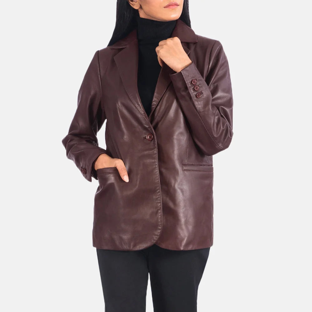 Norma Maroon Leather Blazer for Women | Premium Genuine Leather Blazer